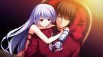  1girl brother_and_sister brown_eyes brown_hair dress game_cg grisaia_(series) grisaia_no_rakuen hug indoors kazami_kazuki kazami_yuuji long_hair mechanical_arm red_eyes siblings silver_hair smile 