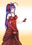  absurdres alcohol antenna_hair bag bare_shoulders blazblue blazblue_remix_heart blue_hair blush bow bracelet breasts choker collarbone cowboy_shot cup dress drinking_glass elbow_gloves evening_gown flower formal genderswap gloves hair_bow handbag highres jewelry large_breasts long_hair looking_at_viewer mai_natsume ponytail red_dress red_eyes red_flower red_rose ribbon ribbon_choker rose salmon_(4chan) smile solo strapless strapless_dress very_long_hair wine wine_glass 