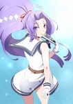  ass closed_fan dress eyebrows fan folding_fan gloves hair_ornament hair_ribbon hatsuharu_(kantai_collection) kaeru_(ka=l) kantai_collection long_hair ponytail purple_eyes purple_hair remodel_(kantai_collection) ribbon sailor_dress shide short_eyebrows smile solo very_long_hair 