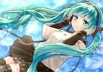  green_eyes green_hair hands_on_headphones hatsune_miku headphones jewelry long_hair moriya_ako necklace skirt smile solo thighhighs twintails very_long_hair vocaloid 