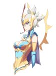 1girl alternate_costume alternate_hairstyle armor grey_hair headgear highres kumiko_shiba league_of_legends lipstick looking_to_the_side makeup purple_eyes simple_background solo syndra upper_body white_background 
