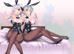  ;d animal_ears bare_shoulders black_legwear blue_eyes breasts brown_eyes bunny_ears bunnysuit cleavage condom_wrapper detached_collar hair_ribbon hidamari_sketch highres kagami_uekusa large_breasts leotard long_hair matsuri_(hidamari_sketch) md5_mismatch multiple_girls nipple_slip nipples nori one_eye_closed open_mouth pantyhose ponytail ribbon short_hair side-tie_leotard side_ponytail silver_hair sitting smile wrist_cuffs 