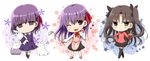  apron black_legwear blush bow bowtie chibi commentary_request cross doll dual_persona fate/stay_night fate/zero fate_(series) hair_ribbon kujiran matou_sakura multiple_girls ribbon siblings sisters skirt smile thighhighs toosaka_rin 