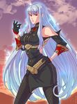  belt cowboy_shot gloves glowing hand_on_hip long_hair looking_at_viewer outdoors pantyhose red_eyes selvaria_bles senjou_no_valkyria shunkaku silver_hair sky solo very_long_hair 