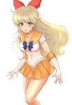  aino_minako bishoujo_senshi_sailor_moon blonde_hair blue_eyes bow choker collarbone cowboy_shot elbow_gloves gloves hair_bow half_updo highres jewelry long_hair magical_girl open_mouth orange_choker orange_sailor_collar red_bow sailor_collar sailor_senshi_uniform sailor_venus short_sleeves simple_background skirt solo sonota_taisei standing tiara white_background white_gloves 