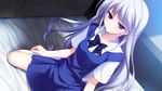  bed fumio_(ura_fmo) grisaia_(series) grisaia_no_rakuen highres indoors kazami_kazuki long_hair purple_eyes school_uniform silver_hair sitting solo thighhighs white_legwear 