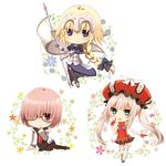  arm_support armor armored_dress blush bow chibi commentary_request fate/apocrypha fate/grand_order fate_(series) flag glasses gloves hair_bow hat headpiece jeanne_d'arc_(fate) jeanne_d'arc_(fate)_(all) kujiran looking_at_viewer marie_antoinette_(fate/grand_order) mash_kyrielight multiple_girls red_gloves sitting smile 