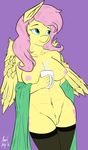  2016 almondhusky anthro anthrofied areola big_breasts breasts clothing cup cutie_mark equine feathered_wings feathers female fluttershy_(mlp) friendship_is_magic hair hi_res holding_object legwear long_hair mammal my_little_pony navel nipples pegasus pink_hair purple_background pussy simple_background solo wings 