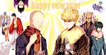  6+boys bald baseball_bat black_hair black_sclera blonde_hair brother_and_sister chopsticks cyborg eating flying flying_sweatdrops food fubuki_(one-punch_man) genos hands_clasped happy_new_year highres ikemen_kamen_amaimask japanese_clothes kimono king_(one-punch_man) kinzoku_bat kkuwa multiple_boys multiple_girls new_year one-punch_man onsoku_no_sonic own_hands_together saitama_(one-punch_man) siblings sisters smile sweatdrop tatsumaki yellow_eyes zenko_(one-punch_man) 