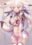  2016 animal_ears bare_shoulders blush breasts fang gloves hair_ribbon happy_new_year headgear highres large_breasts long_hair midriff navel new_year open_mouth original pink_eyes ribbon solo tail tougetsu_gou underboob_cutout white_gloves white_hair white_legwear 