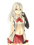  alisa_ilinichina_amiella blue_eyes blush boots breasts cowboy_shot elbow_gloves fingerless_gloves gloves god_eater god_eater_2:_rage_burst large_breasts long_hair looking_at_viewer moonku navel open_clothes silver_hair skirt solo suspenders underboob white_background 