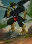 2015 abs avian beak bulge chain claws clothed clothing cloud detailed_background grass harness hi_res jockstrap kougatalbain leather male muscular muscular_male outside raghan red_eyes red_sclera signature sky solo standing talons underwear 