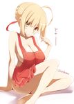  ahoge alternate_costume apron arm_support bare_legs bare_shoulders blonde_hair blush breasts cleavage commentary_request fate/extra fate_(series) green_eyes hair_ribbon kurikara large_breasts looking_at_viewer naked_apron nero_claudius_(fate) nero_claudius_(fate)_(all) red_apron ribbon sideboob simple_background sitting smile solo twitter_username white_background 