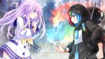  blue_hair blush bracelet choujigen_taisen_neptune_vs_sega_hard_girls d-pad d-pad_hair_ornament fire from_side game_cg green_hair hair_ornament hood hoodie jewelry long_hair multicolored_hair multiple_girls nepgear neptune_(series) purple_eyes purple_hair red_eyes red_hair sega_game_gear_(sega_hard_girls) sega_hard_girls tsunako 