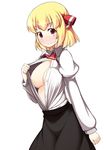  alternate_breast_size blonde_hair blush breasts forced_smile hair_ribbon highres large_breasts looking_at_viewer nakamura_kusata no_bra open_clothes open_shirt red_eyes ribbon rumia shirt short_hair simple_background skirt smile solo touhou white_background 