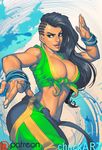  asymmetrical_hair bangle black_hair bracelet breasts brown_eyes chuck_pires cleavage commentary cornrows crop_top dark_skin english_commentary fighting_stance front-tie_top jewelry large_breasts laura_matsuda lips lipstick long_hair makeup midriff navel solo street_fighter street_fighter_v watermark wavy_hair 