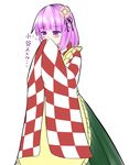  apron clothes_sniffing commentary_request cosplay flower ganmaganmo hair_flower hair_ornament hieda_no_akyuu japanese_clothes kimono motoori_kosuzu motoori_kosuzu_(cosplay) purple_eyes purple_hair smelling solo thinking touhou 