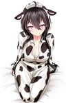  ahoge animal_costume animal_print antenna_hair arm_support bed bed_sheet beifeng_han black_hair breasts collarbone commentary_request cow_costume cow_horns cow_print horns large_breasts long_hair looking_at_viewer miyaura_sanshio original pajamas purple_eyes revision seiza sitting sleeves_past_wrists smile solo 
