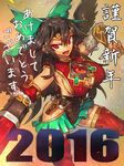  2016 akeome arm_cannon black_hair breasts cleavage_cutout happy_new_year highres jewelry large_breasts long_hair melon22 new_year red_eyes reiuji_utsuho sideboob solo touhou translation_request weapon 