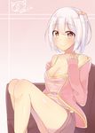  bad_id bad_pixiv_id barefoot breasts collarbone couch hair_between_eyes hand_on_own_chest highres light_smile looking_at_viewer loungewear on_couch orange_eyes original short_hair shorts silver_hair sitting sleeves_past_wrists small_breasts solo sudale 