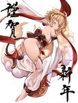  amacha andira_(granblue_fantasy) ass back bare_shoulders barefoot blonde_hair cloud detached_leggings detached_sleeves erune flying_nimbus from_behind granblue_fantasy hair_ornament highres looking_at_viewer looking_back new_year one_eye_closed red_eyes short_hair solo 