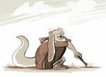  ambiguous_gender clothed clothing hoodie hoot hybrid lagomorph long_ears mammal monochrome mustelid otter rabbit sad sepia side_view simple_background sitting whiskers 