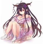  antenna_hair breasts cleavage danua draph floral_print granblue_fantasy hair_between_eyes highres horn_ornament horns isao_(wasamoti) large_breasts long_hair looking_at_viewer md5_mismatch open_mouth pointy_ears purple_hair red_eyes revision sitting sleeves_past_wrists solo thighs wide_sleeves 