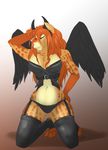  anthro breasts cervine clothed clothing deer erect_nipples female garter hair half-closed_eyes hooves horn hybrid kittentits kneeling looking_at_viewer mammal navel nipples panties red_hair simple_background skimpy smile solo teeth underwear wide_hips wings 