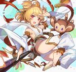  :3 andira_(granblue_fantasy) ass bare_shoulders barefoot blonde_hair breasts detached_leggings detached_sleeves erune fang_out feet from_below granblue_fantasy hair_ornament highres looking_at_viewer monkey monkey_tail red_eyes saitou_naoki short_hair sideboob small_breasts smile solo staff tail thighs toes white_legwear wide_sleeves 