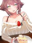  :d alternate_costume bad_id bad_pixiv_id bangs blush bra_strap breast_rest breasts brown_hair cake collarbone eyebrows eyebrows_visible_through_hair feeding food fork fruit green_eyes highres hohehohe holding holding_fork holding_plate jewelry kantai_collection large_breasts mutsu_(kantai_collection) nail_polish off_shoulder open_mouth plate pov_feeding ribbed_sweater ring short_hair simple_background slice_of_cake smile solo strawberry sweater table upper_body white_background 