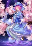  cherry_blossoms dress fan folding_fan frilled_dress frills geta hat hitodama magic_circle petals pink_eyes pink_hair saigyouji_yuyuko short_hair solo touhou triangular_headpiece zhen_panxie 