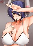 bikini breasts cleavage eyepatch food hand_on_own_chest hand_on_own_head headgear highres kantai_collection large_breasts looking_at_viewer mouth_hold norman_maggot pocky purple_hair shocker_(gesture) short_hair smile solo swimsuit tenryuu_(kantai_collection) upper_body wavy_mouth white_bikini yellow_eyes 