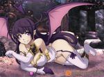  bangs breasts cleavage demon_girl demon_tail demon_wings earrings elbow_gloves frills garter_straps gloves highres jewelry large_breasts lilim_(shinkai_no_valkyrie) long_hair mismatched_gloves no_panties pointy_ears purple_eyes purple_hair revision shinkai_no_valkyrie sketch smile solo spike_wible succubus tail watermark web_address white_gloves white_legwear wings 
