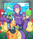  ambipom antenna_hair arm_around_neck banana bandaid bandaid_on_nose biriri-ane_(space_jin) black_sclera blue_skin breasts coconut commentary deoxys drinking_straw eating food fruit fruit_cup gen_3_pokemon gen_4_pokemon green_hair headphones highres large_breasts multiple_girls multiple_tails orange_skin original palm_tree personification pokemon purple_hair red_hair silver_eyes smile space_jin tail tongue tongue_out tree yellow_eyes 