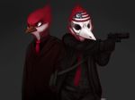  2015 anthro avian avian_(starbound) bag beak bird black_suit clothed clothing conditional_dnp duo feathers giuys_the_thermal_drill gloves go_get_it gun handgun holding_object holding_weapon maladash male mask payday pistol ranged_weapon red_feathers red_tie simple_background solo standing starbound suit usp40_compact video_games weapon white_feathers 