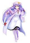  blue_bow boots bow breasts capelet crescent crescent_hair_ornament cross-laced_footwear excel_(shena) frilled_sleeves frills full_body hair_ornament hat knee_boots lace-up_boots large_breasts long_hair mob_cap patchouli_knowledge purple_eyes purple_hair red_bow simple_background smile solo touhou white_footwear 