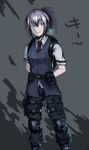  androth arms_behind_back backpack bag blue_eyes blush boots cargo_pants dazzle_paint formal holster knee_pads looking_at_viewer military original pale_skin pants pink_hair ponytail short_hair smile solo suit 