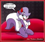  anthro breasts chaise_lounge female fifi_la_fume french_text fur hair looking_at_viewer mammal nude purple_fur ribbons skunk smile solo text tiny_toon_adventures veronica_skunkette veronicaskunkette warner_brothers 