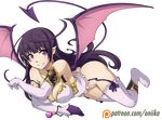  bangs breasts cleavage demon_girl demon_tail demon_wings earrings elbow_gloves frills full_body garter_straps gloves highres jewelry large_breasts lilim_(shinkai_no_valkyrie) long_hair mismatched_gloves no_panties pointy_ears purple_eyes purple_hair revision shinkai_no_valkyrie sketch smile solo spike_wible succubus tail transparent_background watermark web_address white_gloves white_legwear wings 