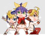  2boys ahoge belt blazer blonde_hair blue_eyes blue_hair brown_hair chibi green_eyes hair_ribbon henshin_pose jacket jumpsuit multicolored multicolored_skin multiple_boys open_mouth parupin ponytail pose ribbon sawatari_shingo school_uniform serena_(yuu-gi-ou_arc-v) skirt two-tone_skin yuu-gi-ou yuu-gi-ou_arc-v yuugo_(yuu-gi-ou_arc-v) 