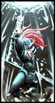  armor arrow black_sclera blue_skin burning_eye energy_spear energy_weapon gloves grin head_fins heart heart_cutout highres looking_at_viewer monster_girl plastic-brain pointing pointing_up polearm ponytail rain_of_arrows red_hair sharp_teeth smile solo spear spoilers teeth too_many undertale undyne undyne_the_undying weapon white_gloves yellow_eyes 