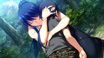  1girl black_hair blue_hair game_cg grisaia_(series) grisaia_no_meikyuu hug kazami_yuuji kusakabe_asako long_hair looking_at_viewer outdoors tree watanabe_akio younger 