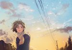  artist_name blush cloud original parted_lips ryouga_(fm59) scarf short_hair sky solo sunset tears telegraph_lines tree wide_shot wind 