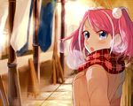  blue_eyes breath coat hiiragi_yuzu looking_at_viewer looking_back multicolored_hair parupin pink_hair scarf short_twintails solo twintails two-tone_hair upper_body winter yuu-gi-ou yuu-gi-ou_arc-v 