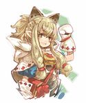  :d animal_ears bag bangs bell blonde_hair blue_eyes blush capelet cat_ears cow_bell extra_ears haku_(sabosoda) half_updo handbag hood hood_down long_hair meowstress mittens monster_hunter monster_hunter_x open_mouth paw_print pointy_ears revision simple_background smile solo upper_body white_background 