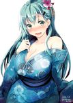  2016 :d aqua_eyes aqua_hair artist_name bare_shoulders blush breasts cleavage collarbone colored_eyelashes curvy dated floral_print flower gin'ichi_(akacia) hair_flower hair_ornament hairclip hairpin japanese_clothes kantai_collection kimono large_breasts long_hair long_sleeves looking_at_viewer nose_blush open_clothes open_kimono open_mouth sash simple_background smile solo suzuya_(kantai_collection) sweatdrop teeth undressing upper_body white_background 