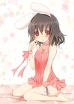  :o animal_ears bare_shoulders black_hair blush bunny_ears carrot_necklace commentary_request dress inaba_tewi kujiran leg_garter looking_at_viewer microdress pink_dress red_eyes ribbon sitting sleeveless solo touhou wariza wrist_bow wrist_ribbon 
