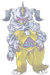  anthro barefoot beelzemon_(artist) blush breasts digimon female front_view gabumon horn looking_at_viewer nipples nude overweight pelt pussy scalie solo tongue tongue_out 