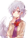  blush commentary_request covering_mouth grey_hair hand_over_own_mouth kishin_sagume looking_at_viewer red_eyes short_hair single_wing six_(fnrptal1010) solo touhou wings 
