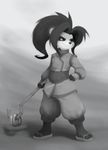  anthro bear clothed clothing dogyd female footwear fur gradient_background greyscale hair heroes_of_the_storm li_li_stormstout mammal monochrome panda pandaren sandals simple_background solo standing video_games warcraft world_of_warcraft young 